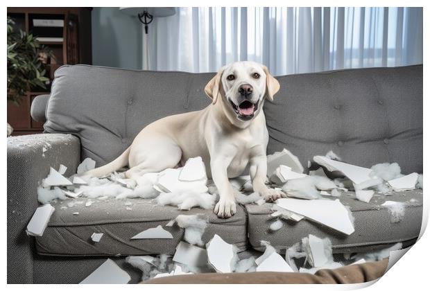 A dog making a mess in the living room. Print by Michael Piepgras