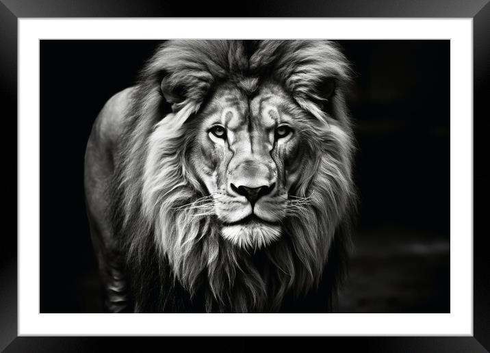 A male lion on a dark background in black and white. Framed Mounted Print by Michael Piepgras