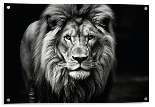 A male lion on a dark background in black and white. Acrylic by Michael Piepgras