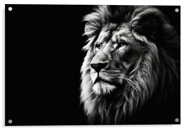 A male lion on a dark background in black and white. Acrylic by Michael Piepgras