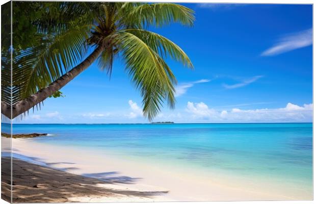 A peaceful beach with palm trees and clear blue waters evoking r Canvas Print by Michael Piepgras