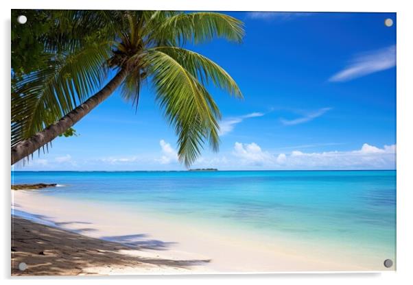 A peaceful beach with palm trees and clear blue waters evoking r Acrylic by Michael Piepgras