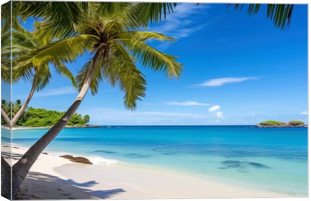 A peaceful beach with palm trees and clear blue waters evoking r Canvas Print by Michael Piepgras