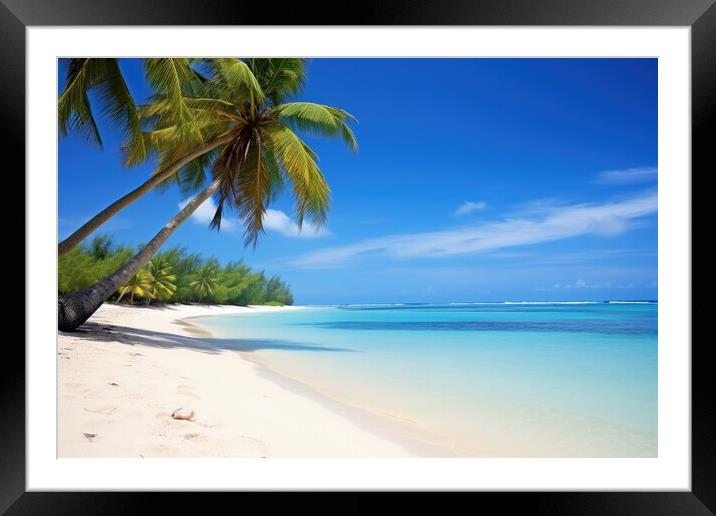 A peaceful beach with palm trees and clear blue waters evoking r Framed Mounted Print by Michael Piepgras