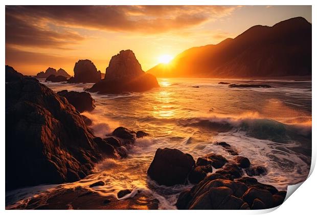A perfect sunset at the ocean with cliffs. Print by Michael Piepgras