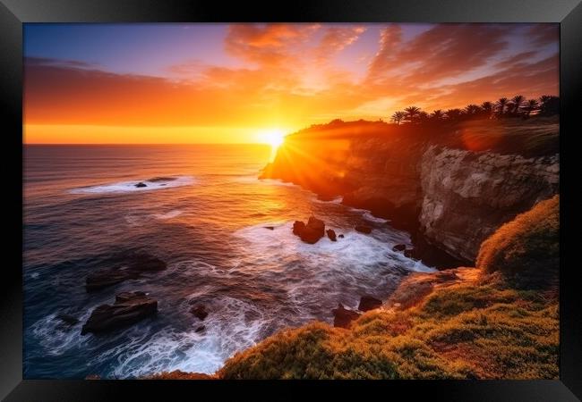 A perfect sunset at the ocean with cliffs. Framed Print by Michael Piepgras