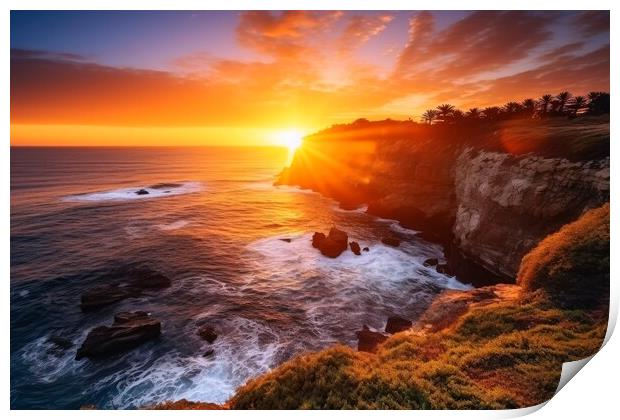 A perfect sunset at the ocean with cliffs. Print by Michael Piepgras