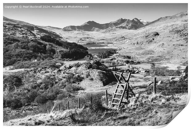 Scenic Snowdon Horseshoe View in Snowdonia mono Print by Pearl Bucknall