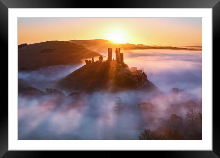 Corfe Castle foggy sunrise  Framed Mounted Print by Shaun Jacobs