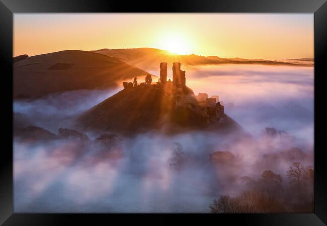 Corfe Castle foggy sunrise  Framed Print by Shaun Jacobs