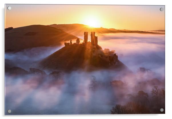 Corfe Castle foggy sunrise  Acrylic by Shaun Jacobs