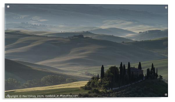 Misty start at Belvedere, Val D'Orcia, Tuscany, Italy Acrylic by Paul Edney