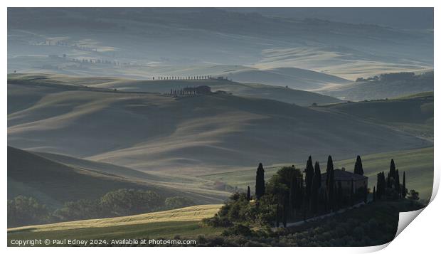 Misty start at Belvedere, Val D'Orcia, Tuscany, Italy Print by Paul Edney