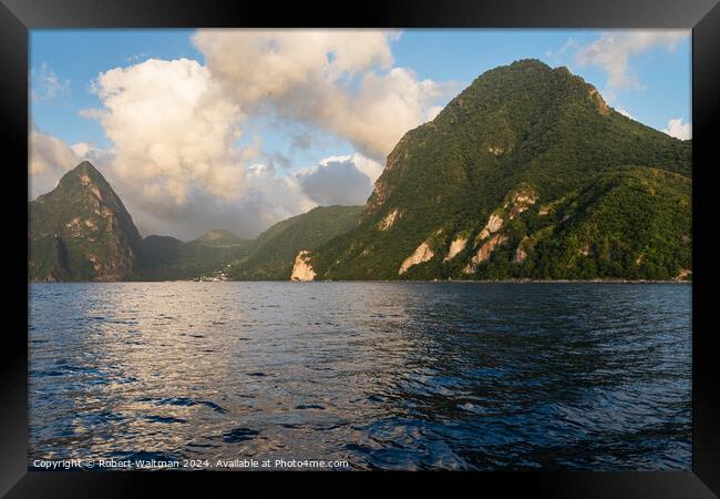 Gros Piton and distant Petit Piton are viewed from the Caribbean Sea. Framed Print by Robert Waltman