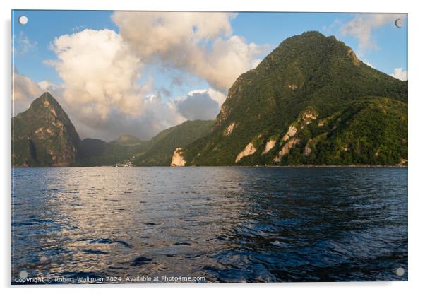 Gros Piton and distant Petit Piton are viewed from the Caribbean Sea. Acrylic by Robert Waltman