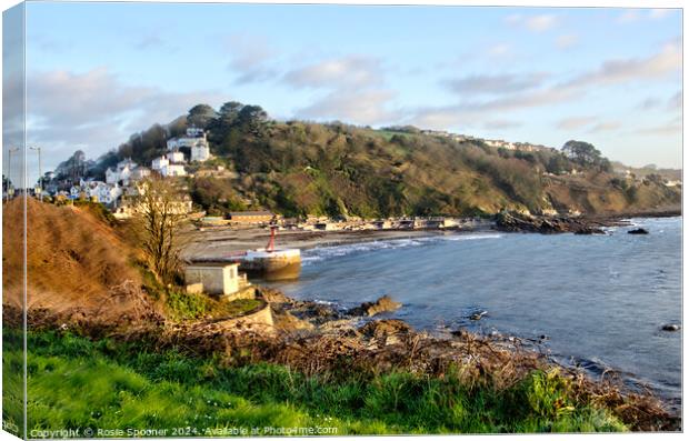 Looking down on the Banjo pier and Looe Beach  Canvas Print by Rosie Spooner