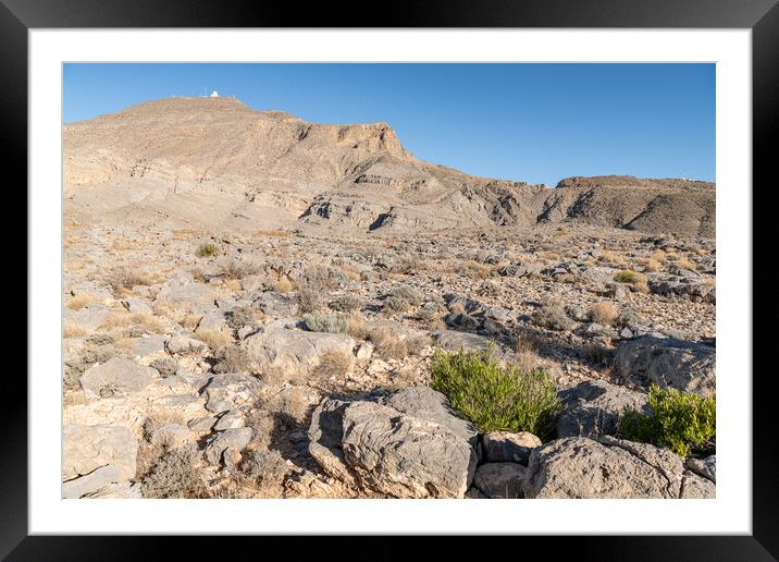 Harim Desert Mountains with a military radar station in Musandam, Oman Framed Mounted Print by Dave Collins