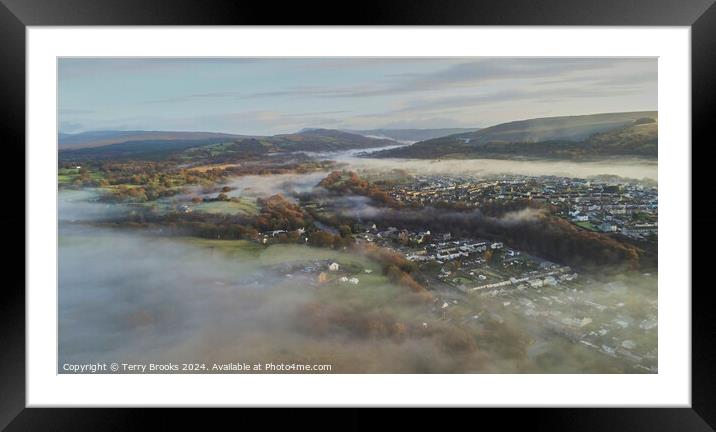 Aerial View over A Fog Filled Ystradgynlais Framed Mounted Print by Terry Brooks