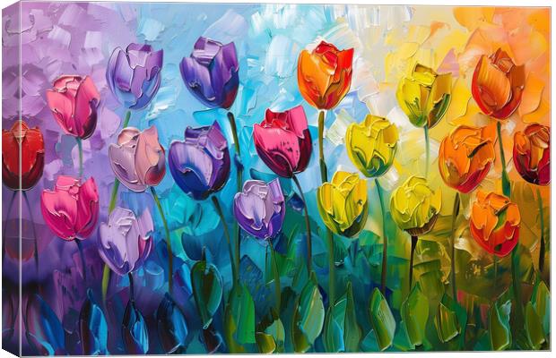Rainbow Tulips Oil Painting Canvas Print by T2 