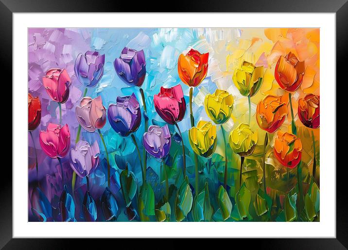 Rainbow Tulips Oil Painting Framed Mounted Print by T2 