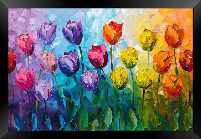 Rainbow Tulips Oil Painting Framed Print by T2 