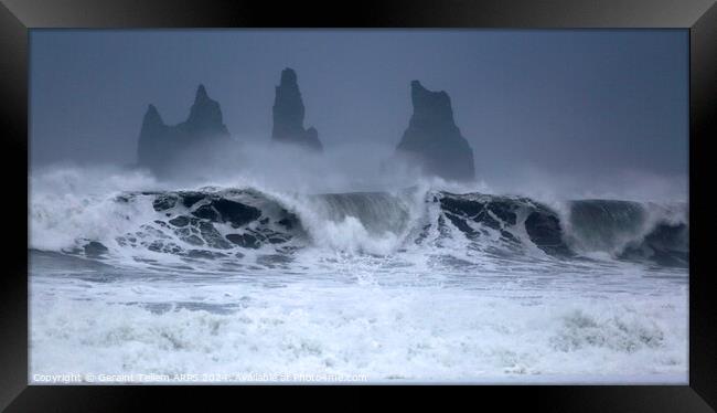 Waves and Reynisdrangar sea stacks near Vik, Southern Iceland Framed Print by Geraint Tellem ARPS