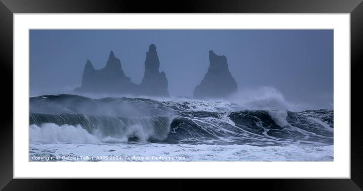 Waves and Reynisdrangar sea stacks near Vik, Southern Iceland Framed Mounted Print by Geraint Tellem ARPS