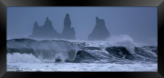 Waves and Reynisdrangar sea stacks near Vik, Southern Iceland Framed Print by Geraint Tellem ARPS