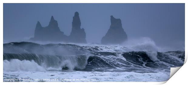 Waves and Reynisdrangar sea stacks near Vik, Southern Iceland Print by Geraint Tellem ARPS