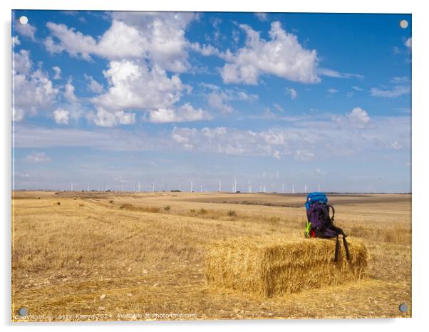 Backpack on a haystack -  Hornillos del Camino  Acrylic by Laszlo Konya