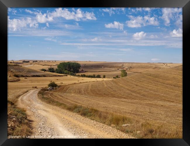 Curving dirt road through the Meseta - Hornillos del Camino Framed Print by Laszlo Konya