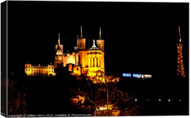 Notre Dame Basilica From Place Bellecoeur Night Lyon France Canvas Print by William Perry