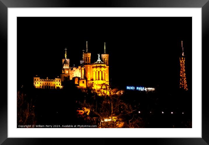 Notre Dame Basilica From Place Bellecoeur Night Lyon France Framed Mounted Print by William Perry