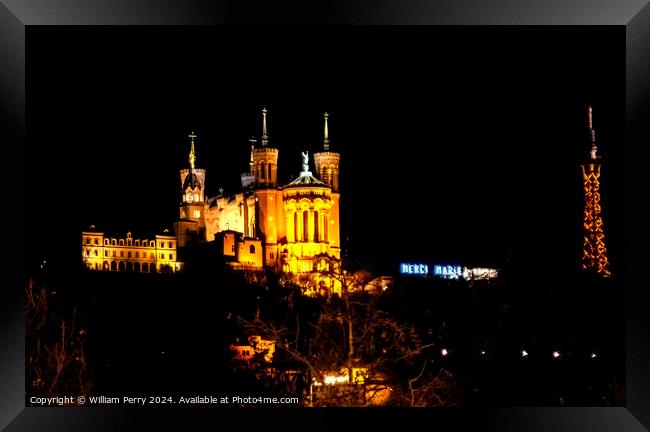 Notre Dame Basilica From Place Bellecoeur Night Lyon France Framed Print by William Perry