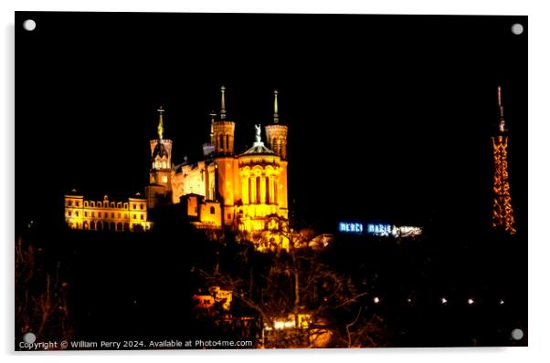Notre Dame Basilica From Place Bellecoeur Night Lyon France Acrylic by William Perry