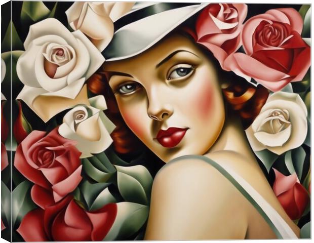 Lady With Red Cheeks and Roses Canvas Print by Anne Macdonald