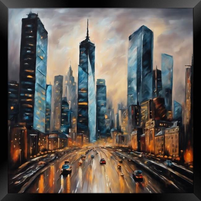 City Skyline In Oil Painting Style Framed Print by Anne Macdonald