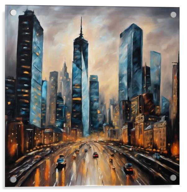 City Skyline In Oil Painting Style Acrylic by Anne Macdonald