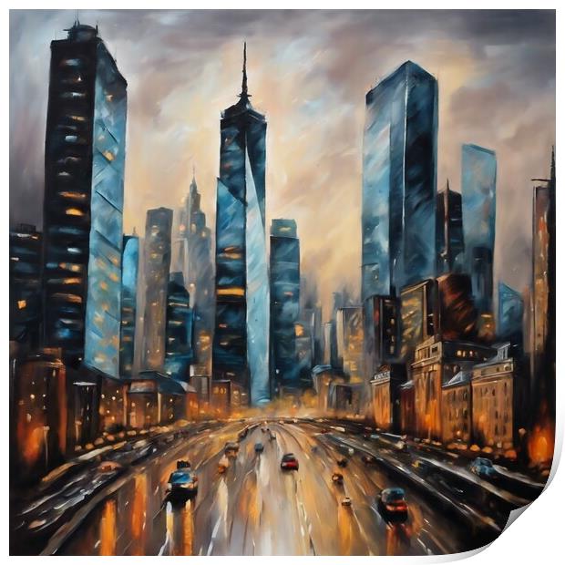 City Skyline In Oil Painting Style Print by Anne Macdonald