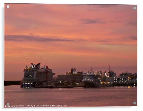 Cruise Ships At Sunrise Acrylic by Sheila Ramsey