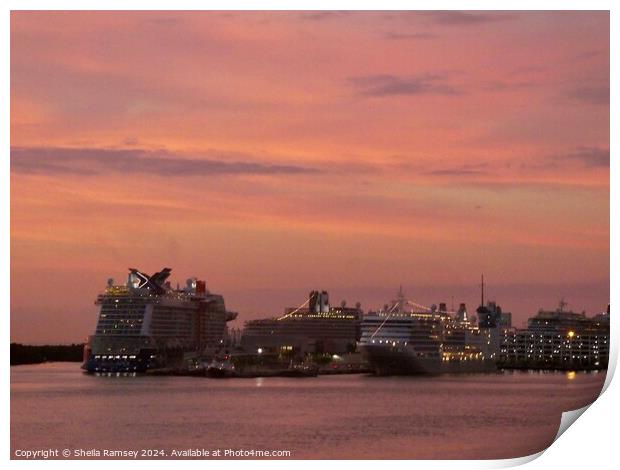 Cruise Ships At Sunrise Print by Sheila Ramsey