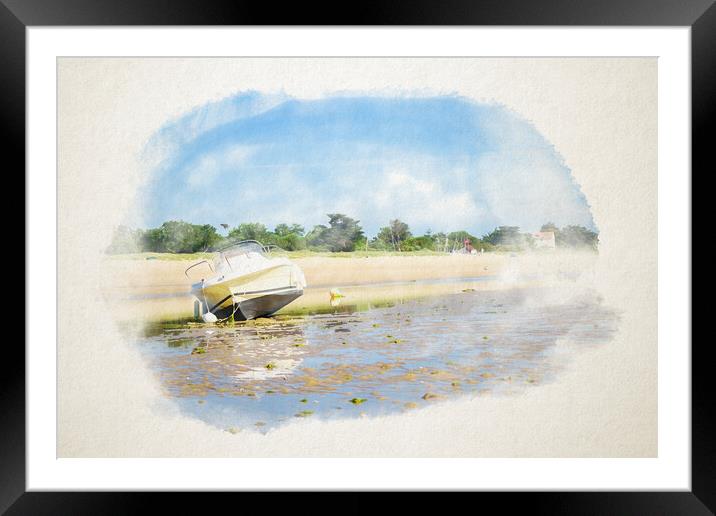 boats laying on the beach in watercolor Framed Mounted Print by youri Mahieu