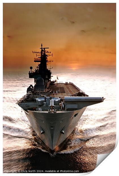 Alpha Dawn,  HMS Ark Royal at sunrise. Print by Chris North