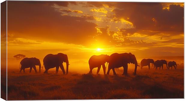 Elephants in the African Sunset Canvas Print by T2 