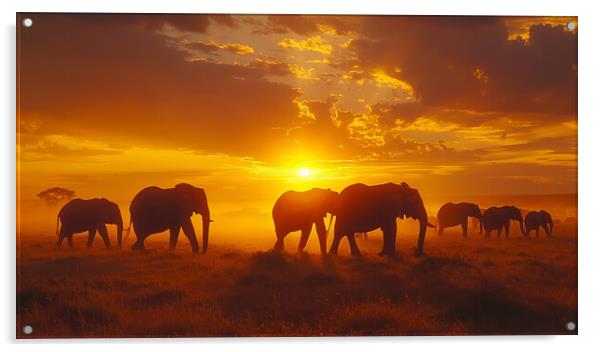 Elephants in the African Sunset Acrylic by T2 