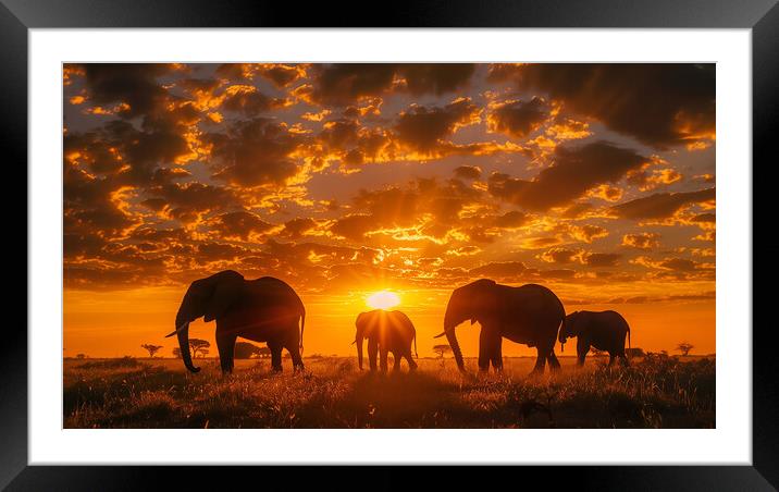 Elephants in the African Sunset Framed Mounted Print by T2 