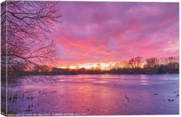 Sunset over Frozen Lake Canvas Print by Terry Brooks
