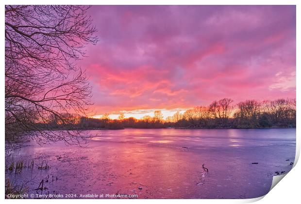 Sunset over Frozen Lake Print by Terry Brooks