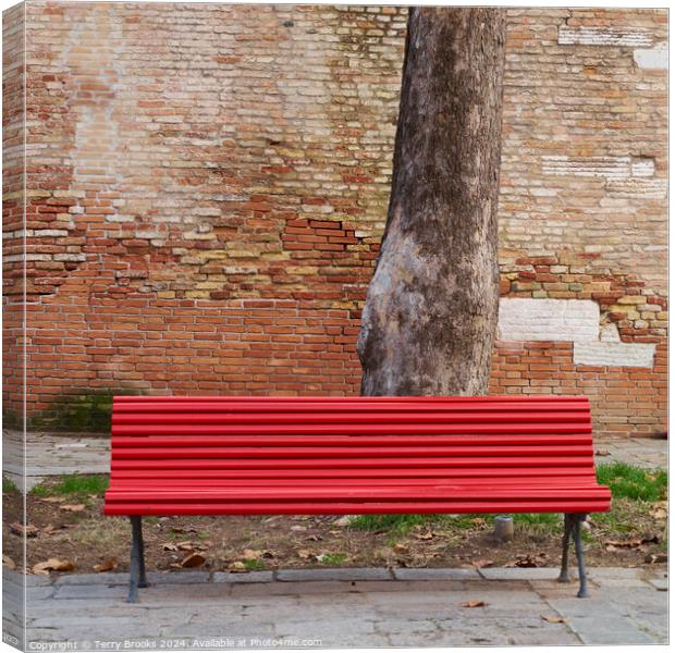 Solitary Red Bench in Venice Italy Canvas Print by Terry Brooks