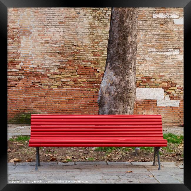 Solitary Red Bench in Venice Italy Framed Print by Terry Brooks